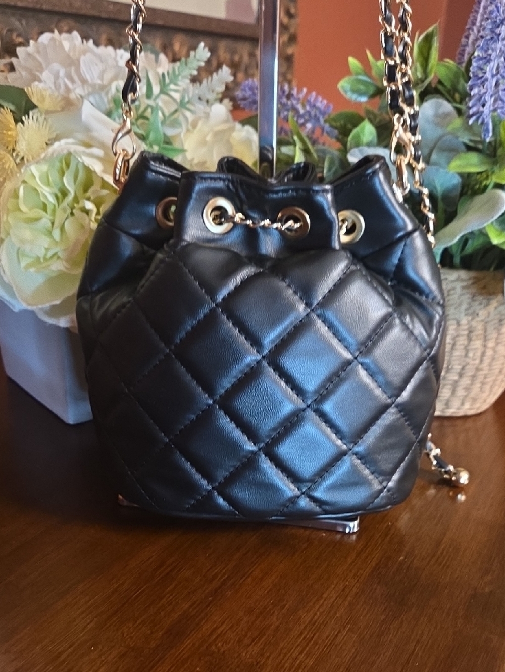 Black Quilted Bucket Bag with Floral Pins - Picture 3 of 14